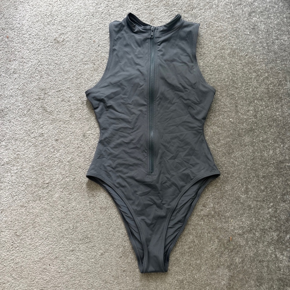 Skims Swim Signature Swim Zip Front Sleeveless One Piece Gunmetal